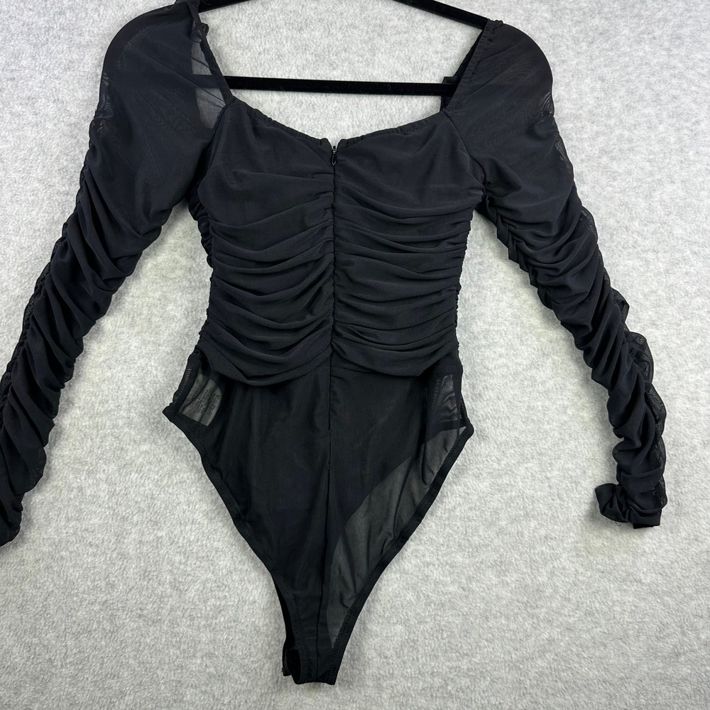 Princess Polly Delany Bodysuit Black Ruched Mesh Sheer Long Sleeve Padded Sz 6
